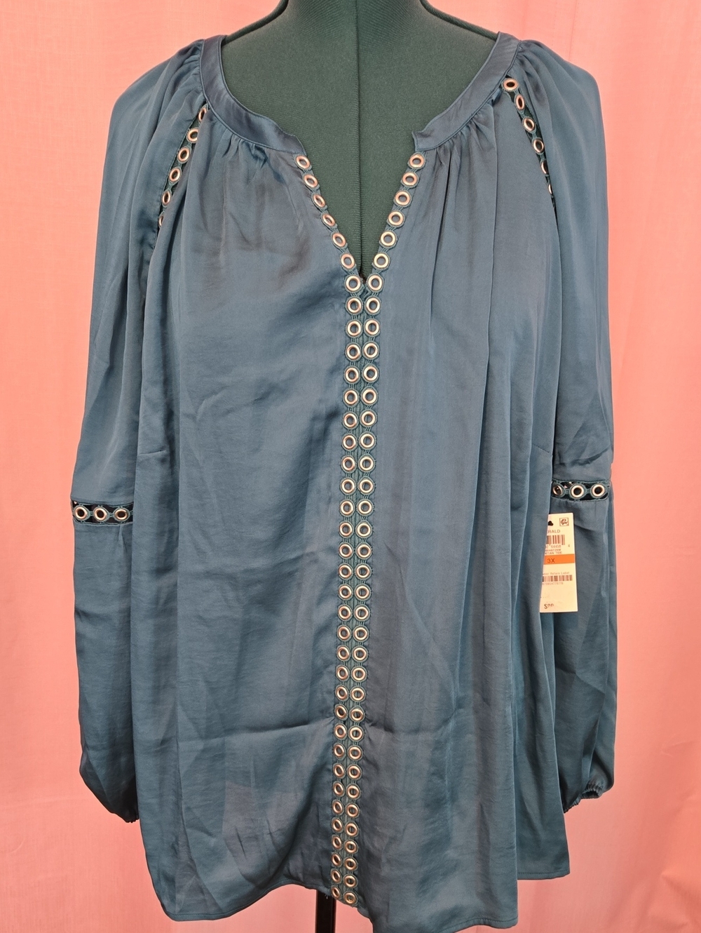 NWT INC International Concepts Teal Blue Eyelet-Trim Peasant Top